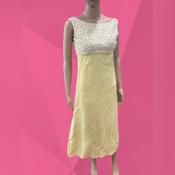 True vintage handmade 1960s sunny yellow with daisies hostess dress-XS - Picture 1 of 10